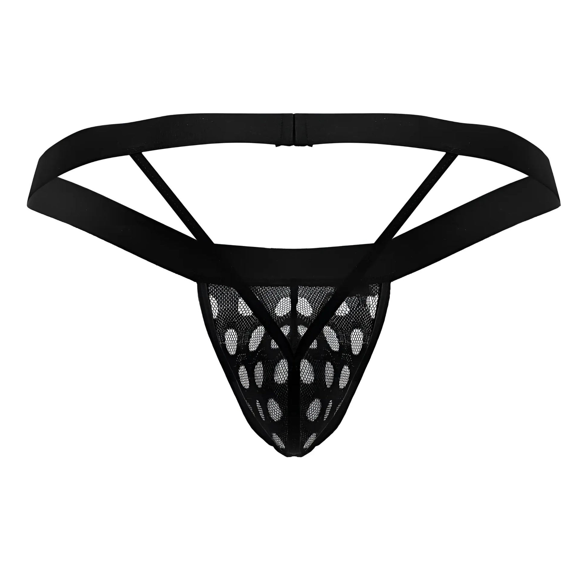 Black mesh thong candyMan 99856 with solid elastic waistband and triangular cutouts in black color