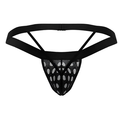 Black mesh thong candyMan 99856 with solid elastic waistband and triangular cutouts in black color