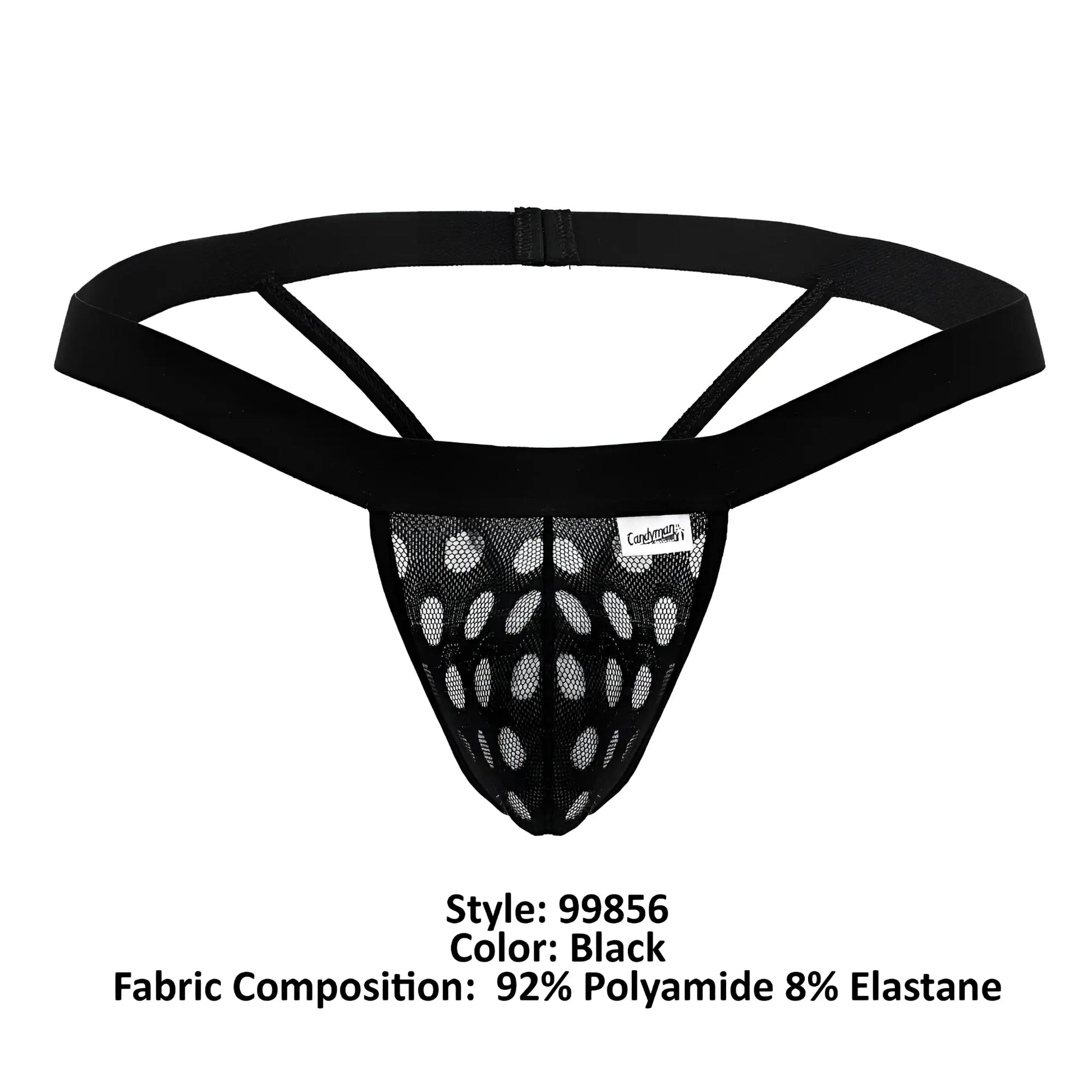 Black mesh CandyMan 99856 polka thongs with circular cutouts and solid elastic waistband front view