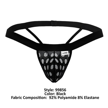 Black mesh CandyMan 99856 polka thongs with circular cutouts and solid elastic waistband front view