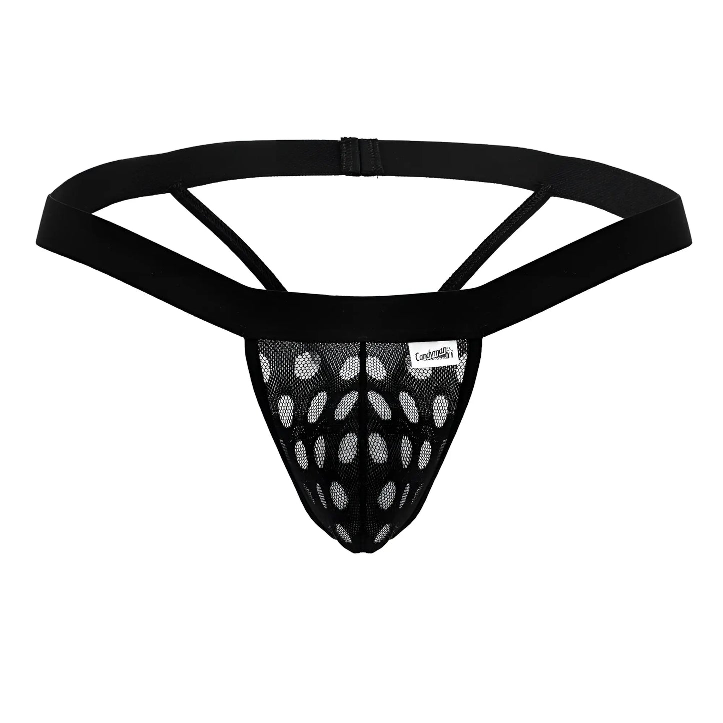 Black mesh thong candyMan 99856 with solid waistband adjustable straps and oval-patterned design in black