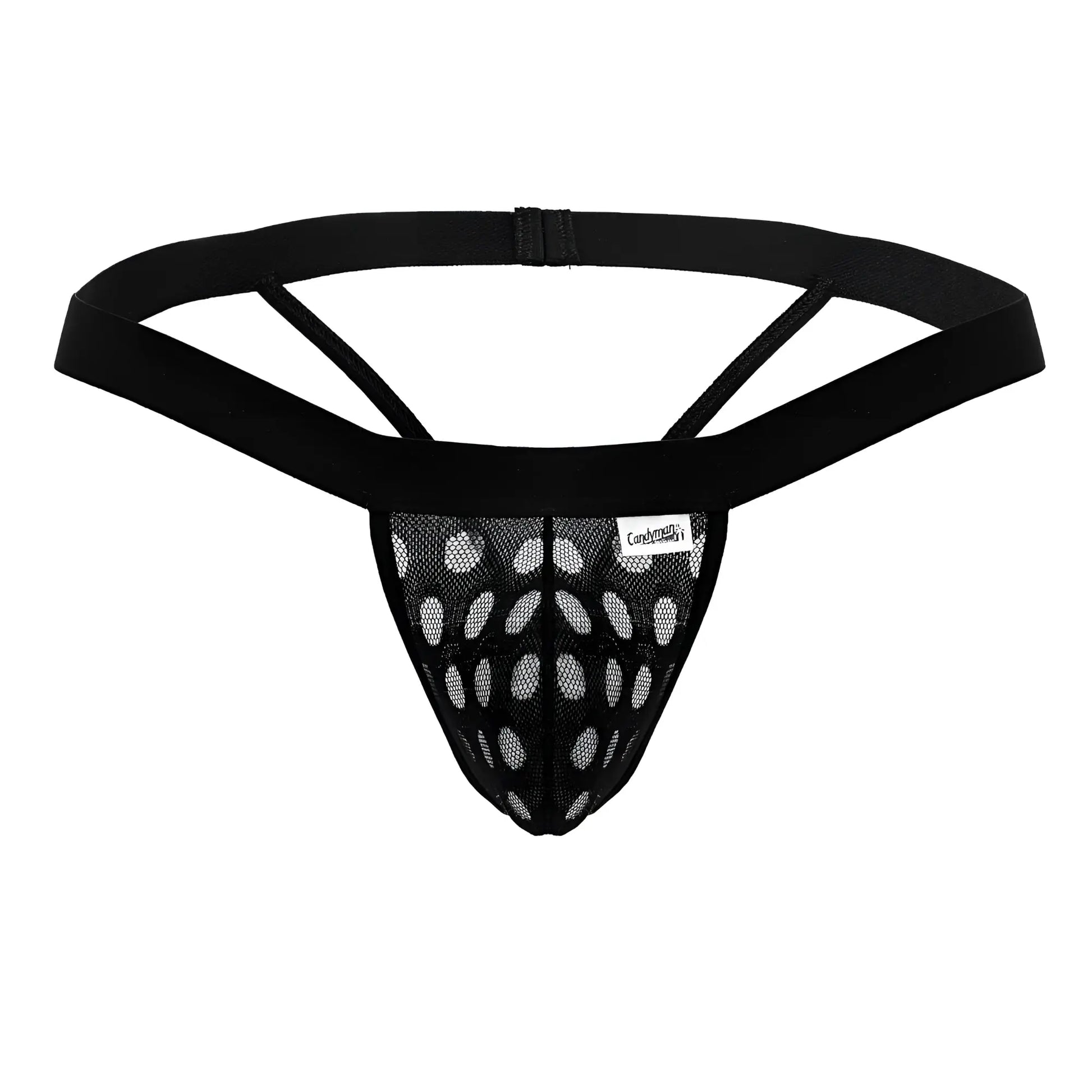 Black mesh thong candyMan 99856 with solid waistband adjustable straps and oval-patterned design in black