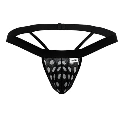 Black mesh thong candyMan 99856 with solid waistband adjustable straps and oval-patterned design in black