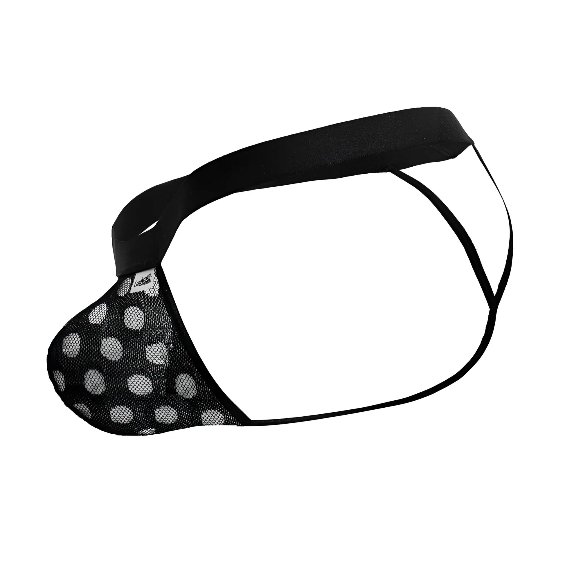 CandyMan 99856 polka mesh thongs in black featuring a black mesh brief with white polka dots and solid waistband