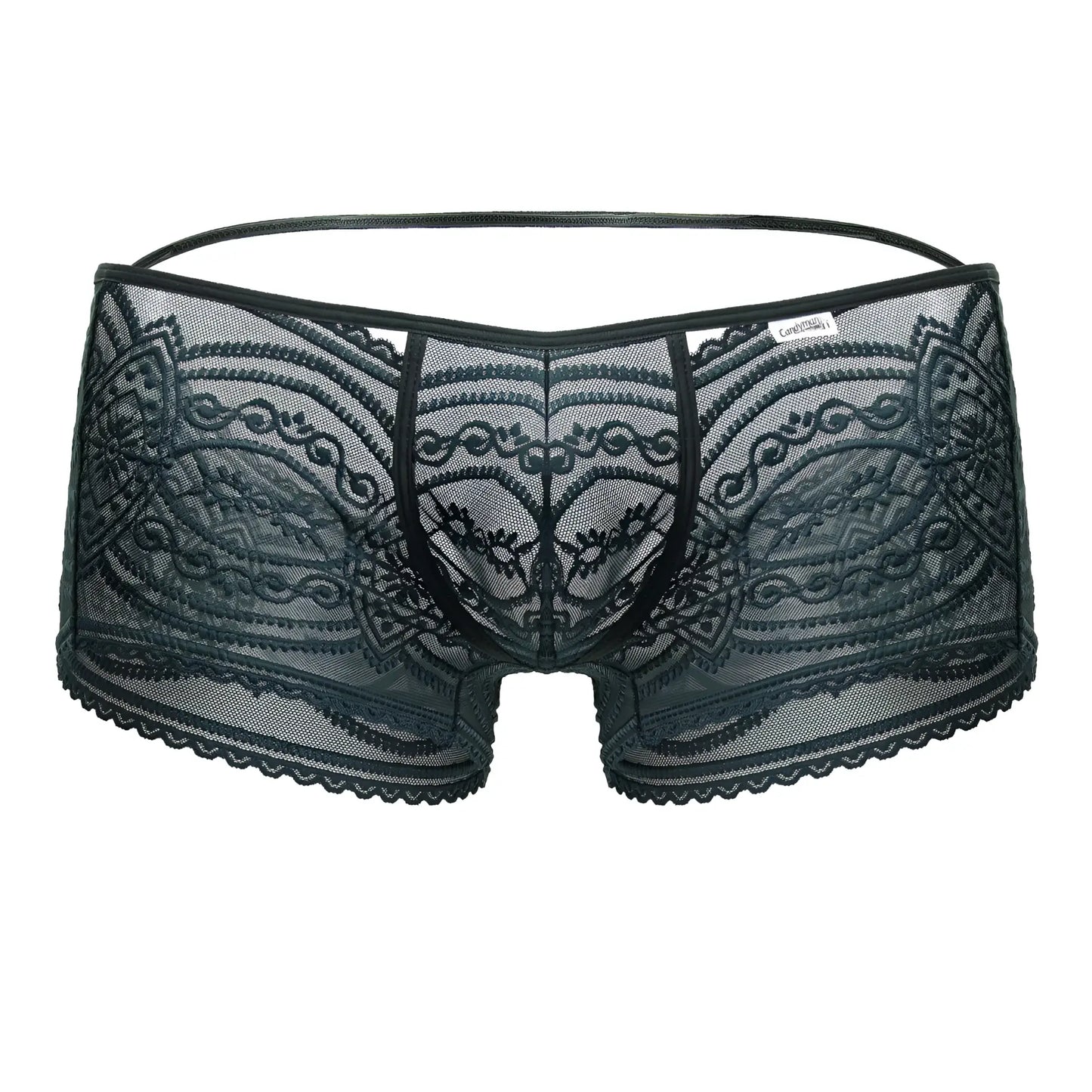 CandyMan 99857 lace trunks men’s underwear in green with black lace floral patterns and scalloped edges