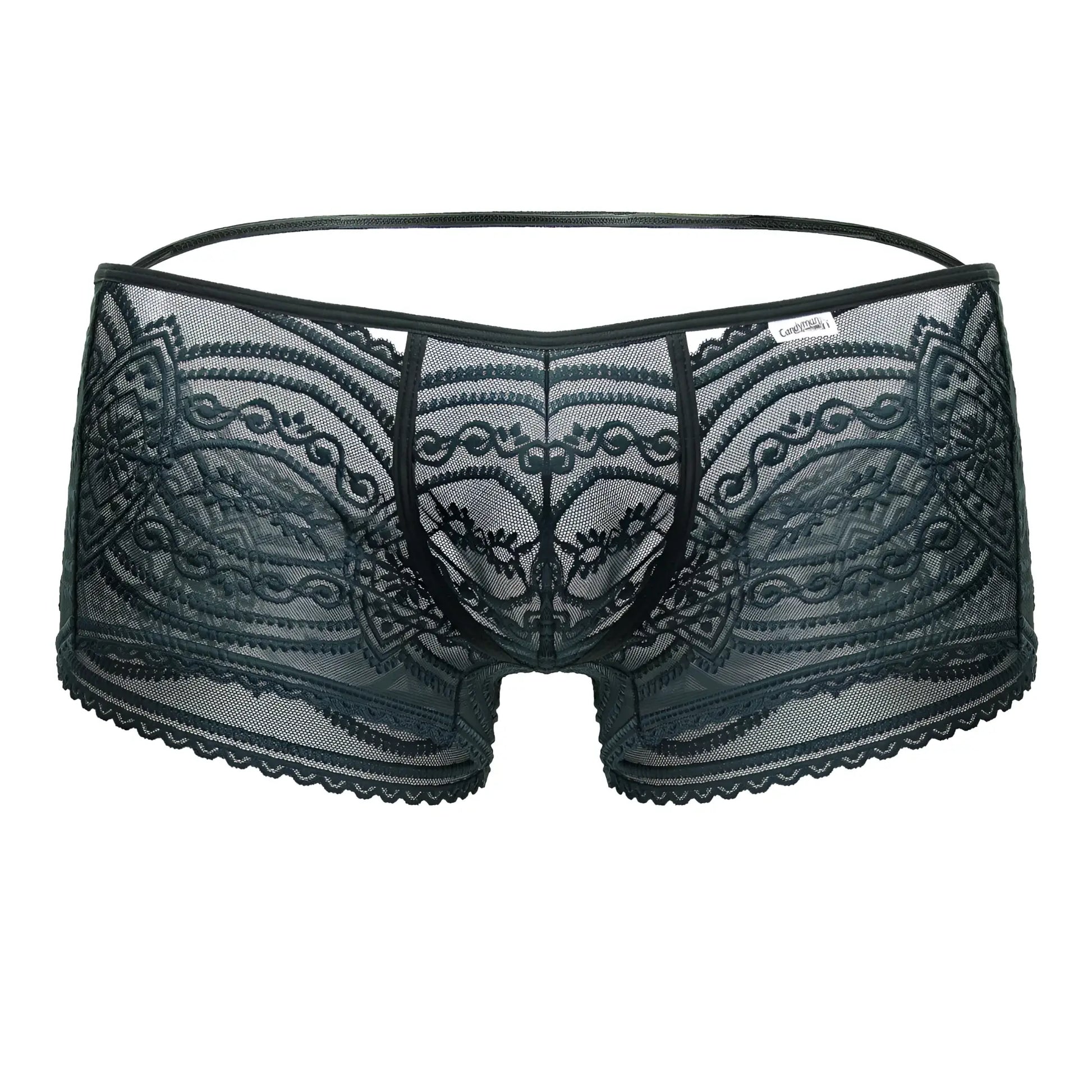 CandyMan 99857 lace trunks men’s underwear in green with black lace floral patterns and scalloped edges