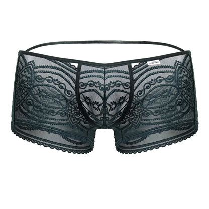 CandyMan 99857 lace trunks men’s underwear in green with black lace floral patterns and scalloped edges