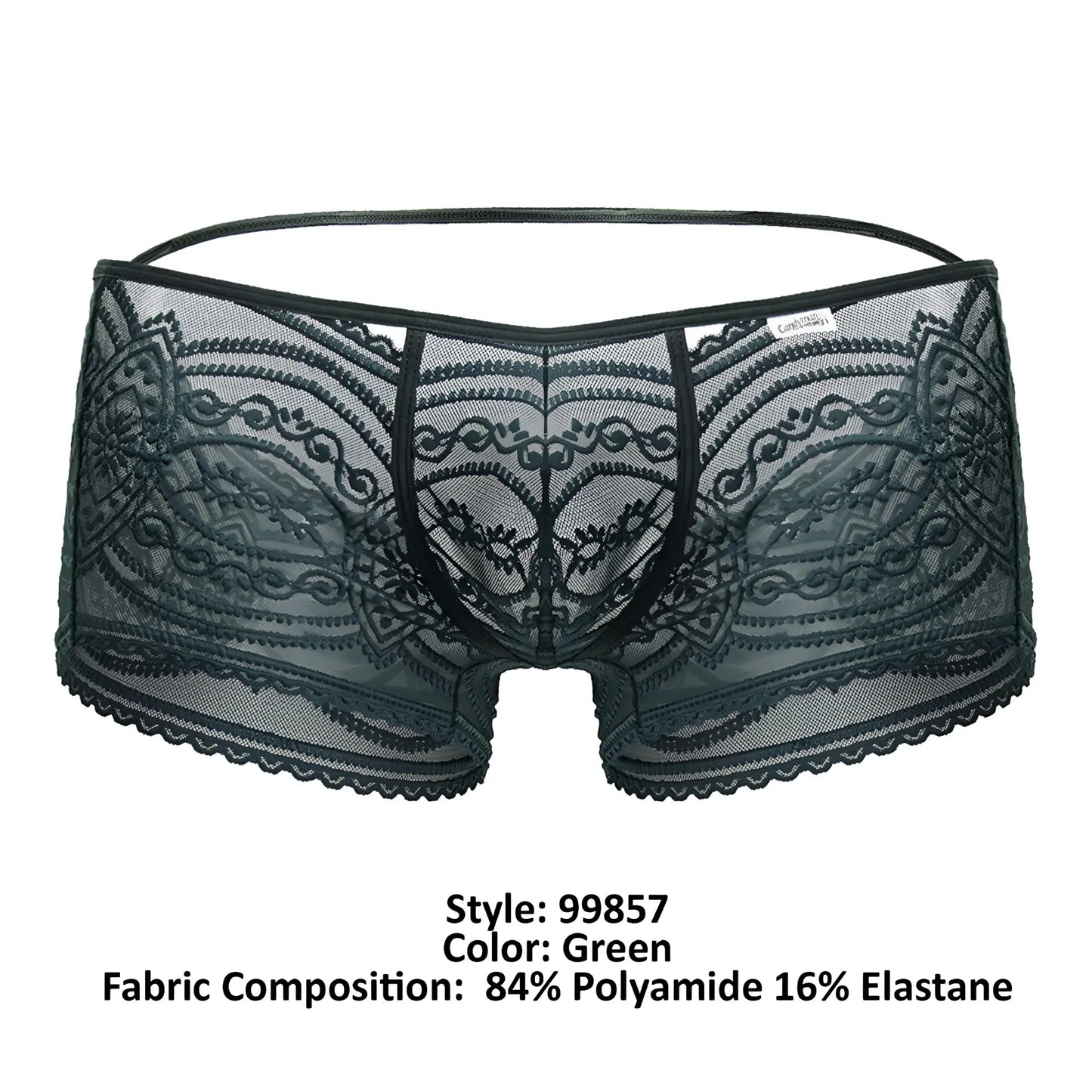 Green Candyman 99857 lace trunks mens underwear with intricate floral patterns and sheer mesh texture