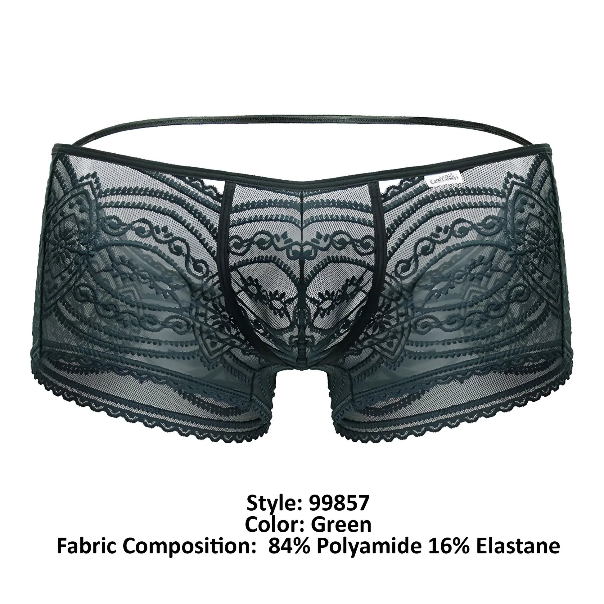Green Candyman 99857 lace trunks mens underwear with intricate floral patterns and sheer mesh texture