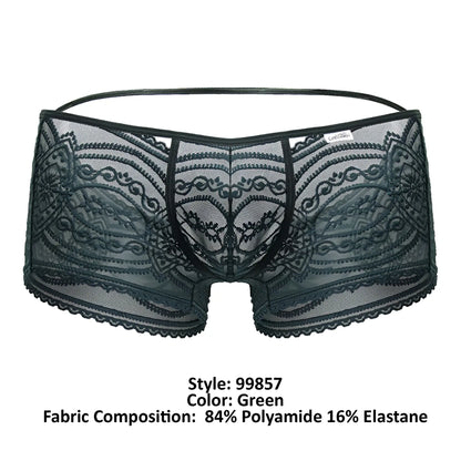 Green Candyman 99857 lace trunks mens underwear with intricate floral patterns and sheer mesh texture