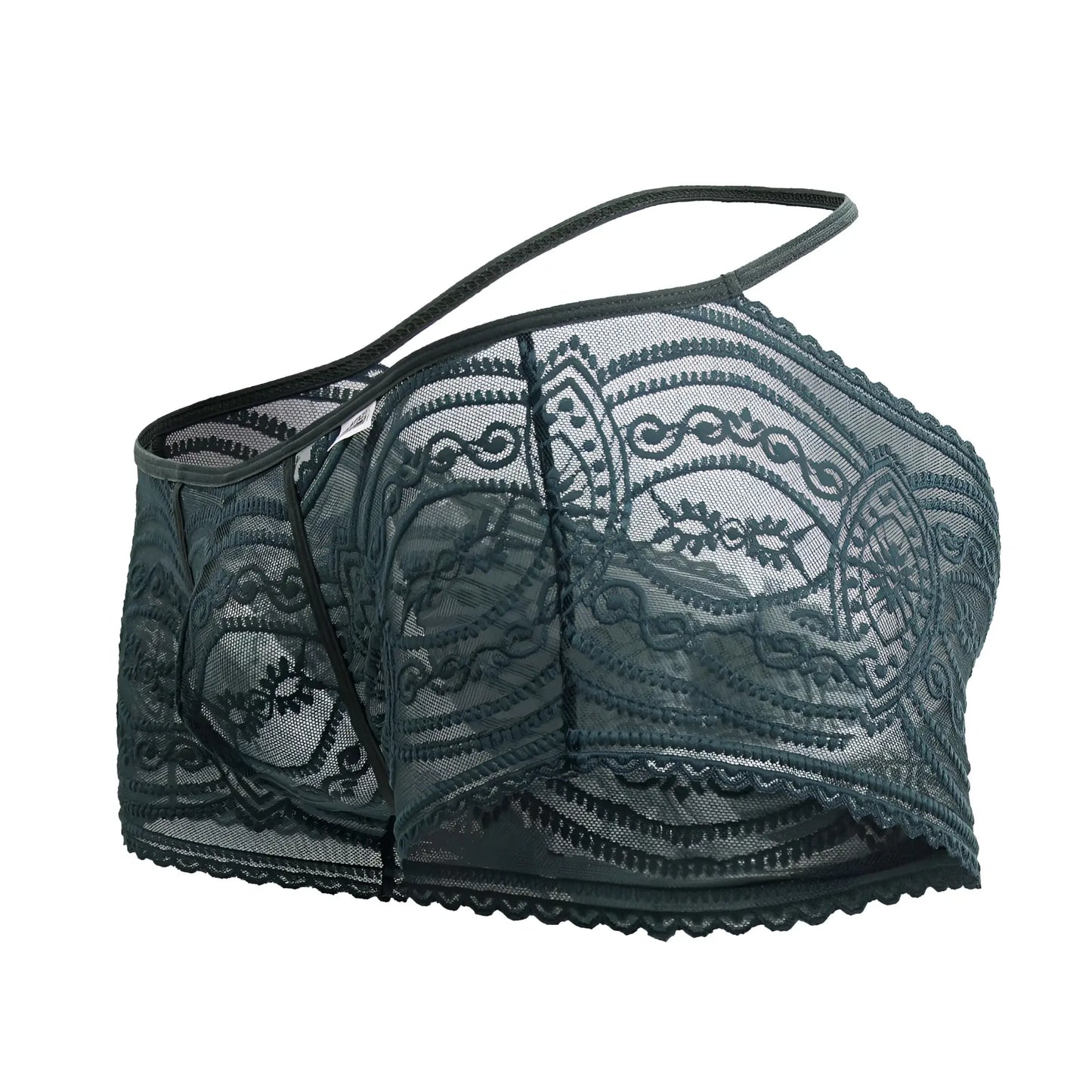 Dark gray lace bra with intricate floral patterns and thin straps from candyman 99857 lace trunks color green collection