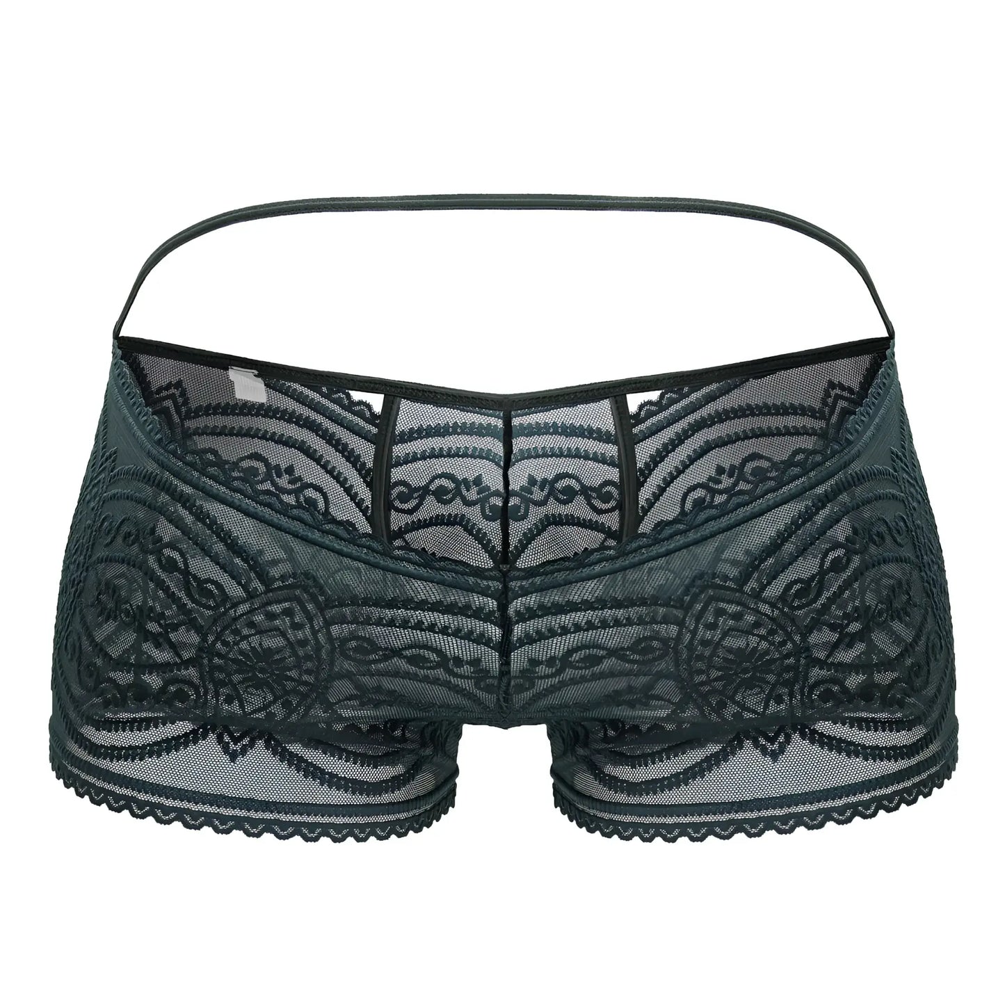 CandyMan 99857 lace trunks in dark green featuring intricate floral patterns and a thin matching waistband