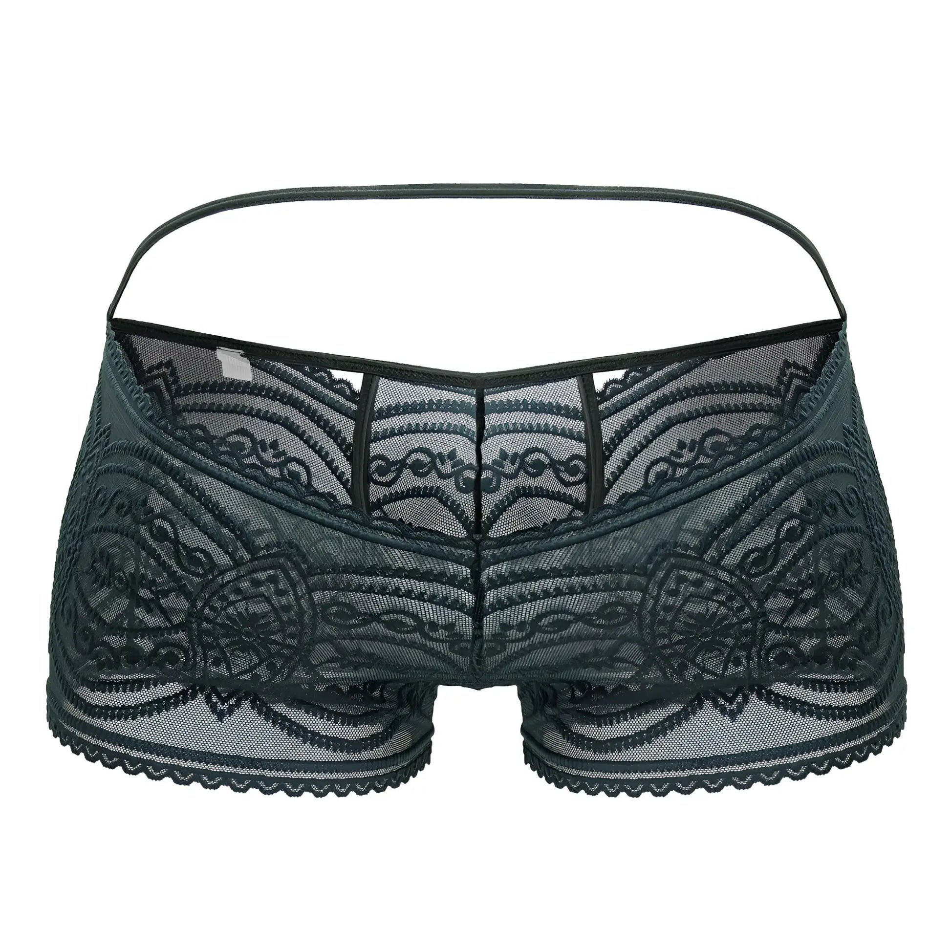 CandyMan 99857 lace trunks in dark green featuring intricate floral patterns and a thin matching waistband