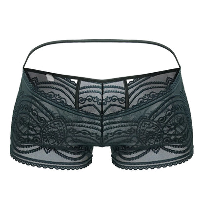 CandyMan 99857 lace trunks in dark green featuring intricate floral patterns and a thin matching waistband