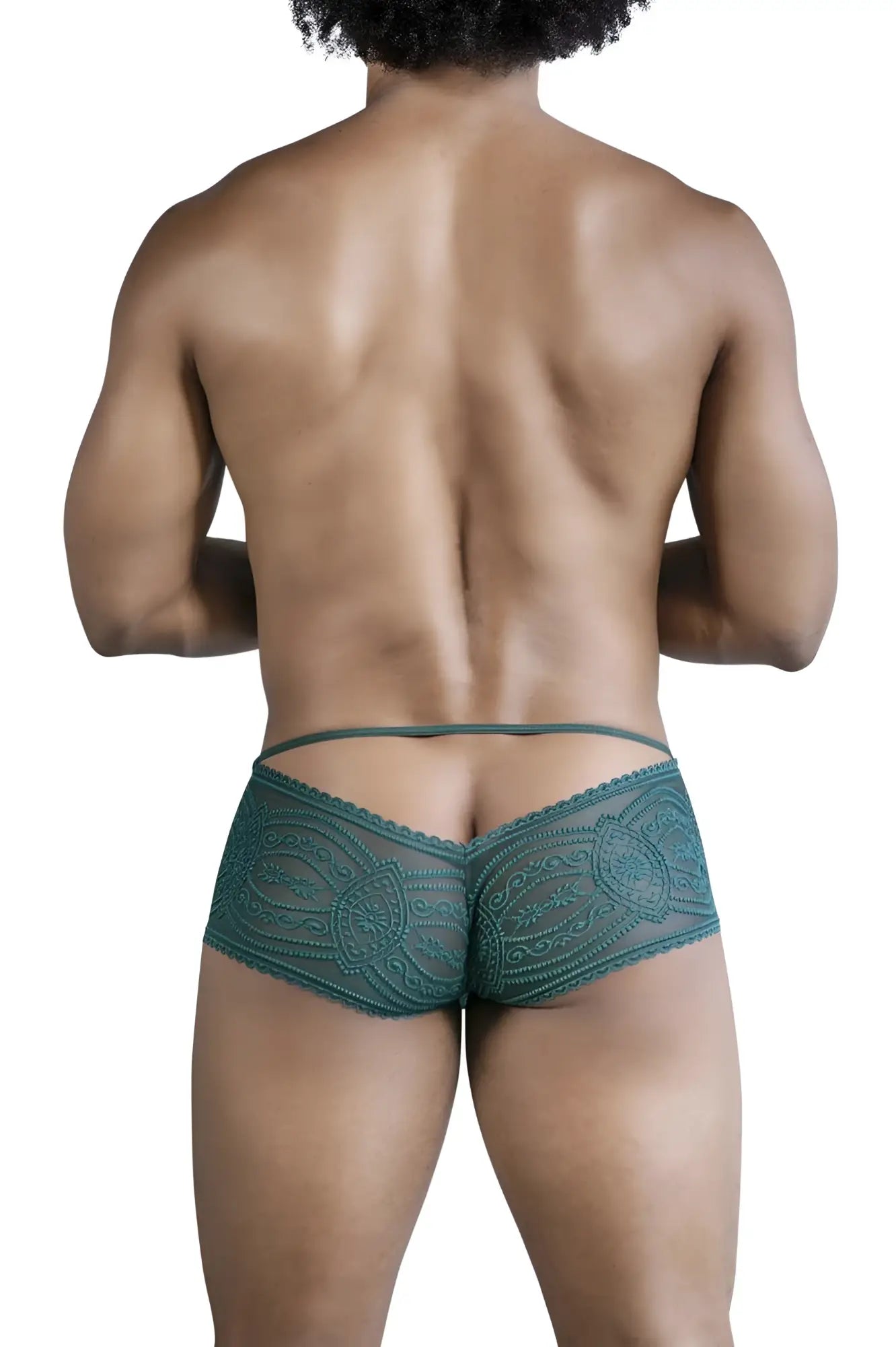 Teal lace briefs candyMan 99857 with intricate floral patterns and sheer delicate design in green color