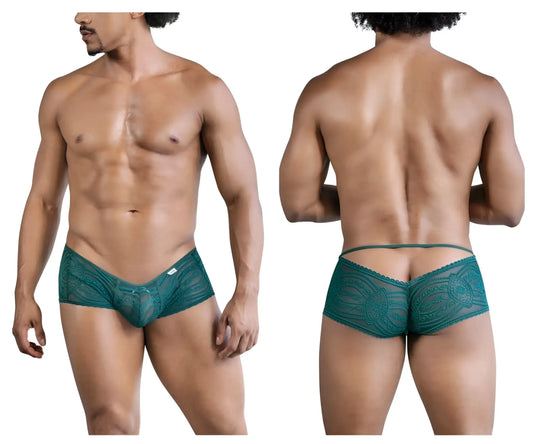 Teal lace men’s briefs candyMan 99857 lace trunks in green with intricate floral pattern and back tie design shown from back