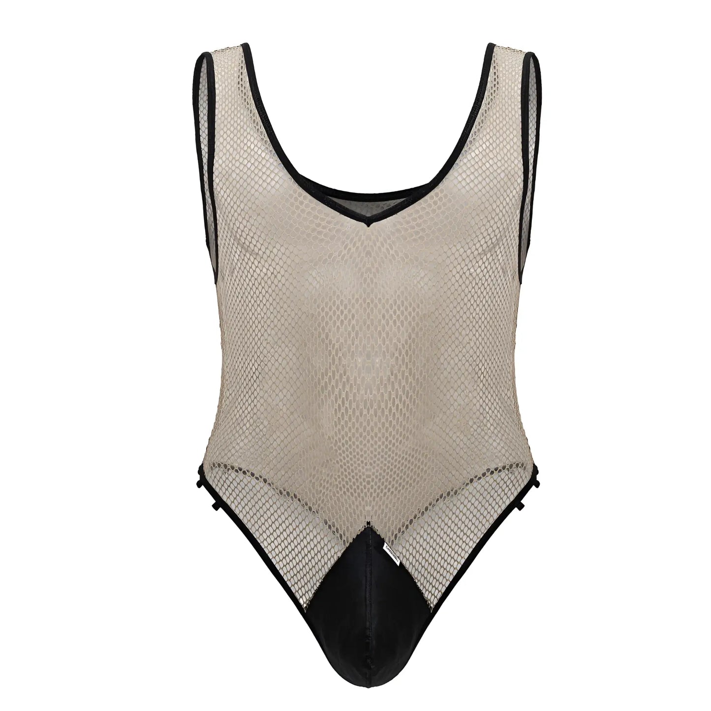 Beigeblack CandyMan 99858 fishnet one-piece bodysuit with black trim and solid black crotch panel