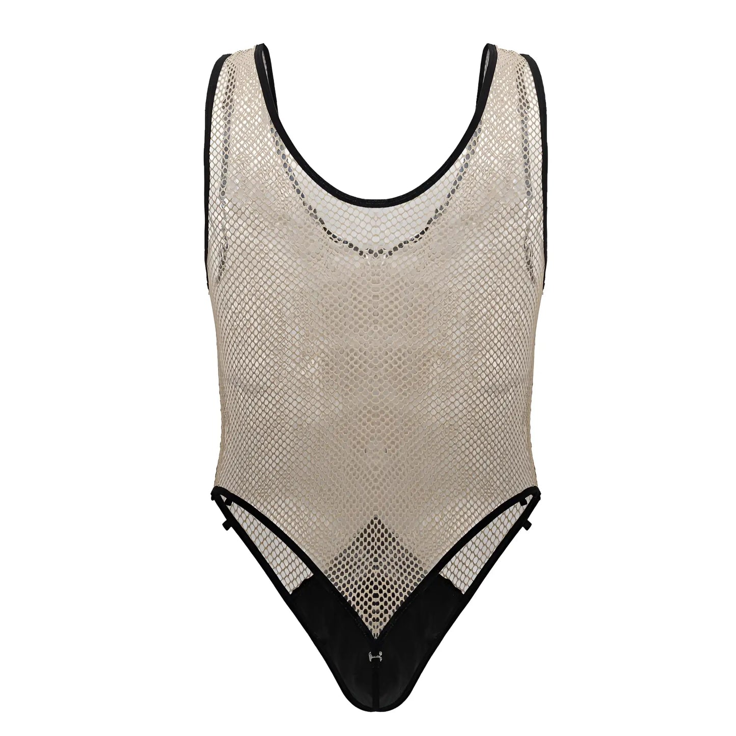Beige mesh one-piece fishnet bodysuit with black trim and subtle geometric pattern candyMan 99858 color beige-black