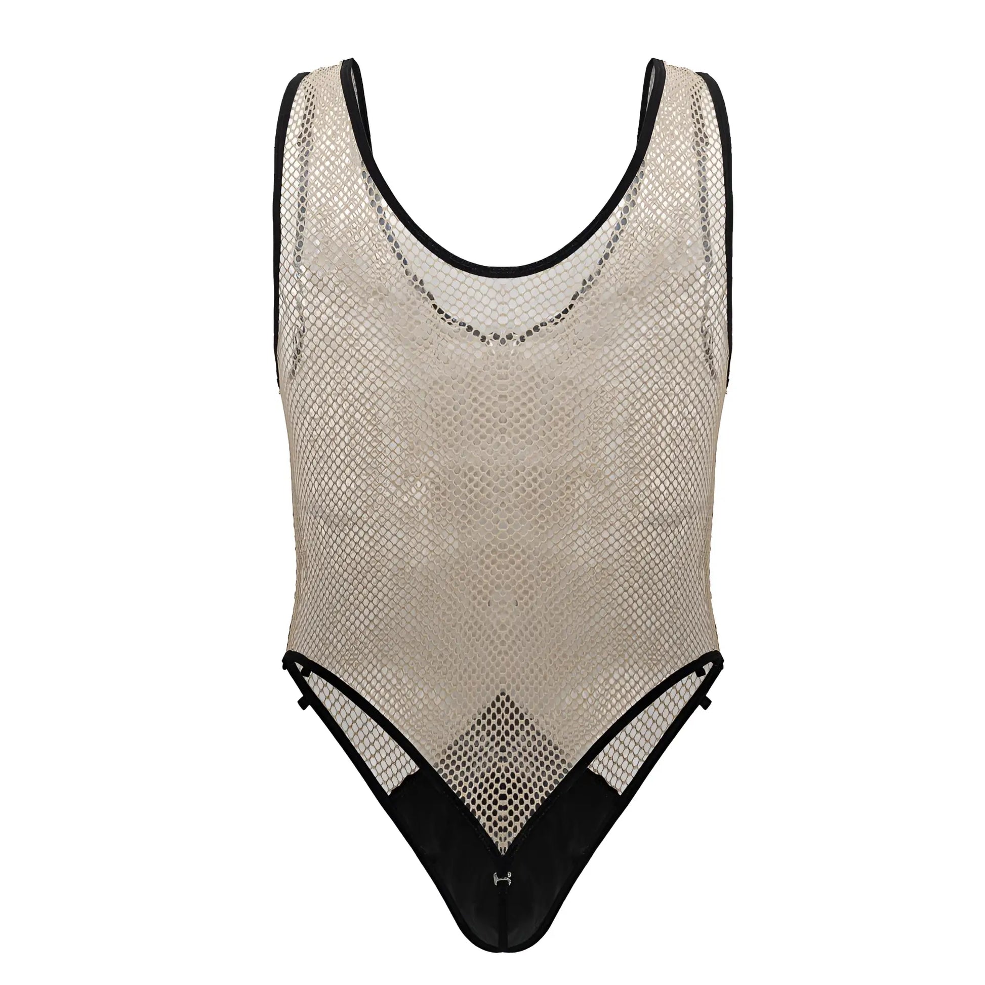 Beige mesh one-piece fishnet bodysuit with black trim and subtle geometric pattern candyMan 99858 color beige-black