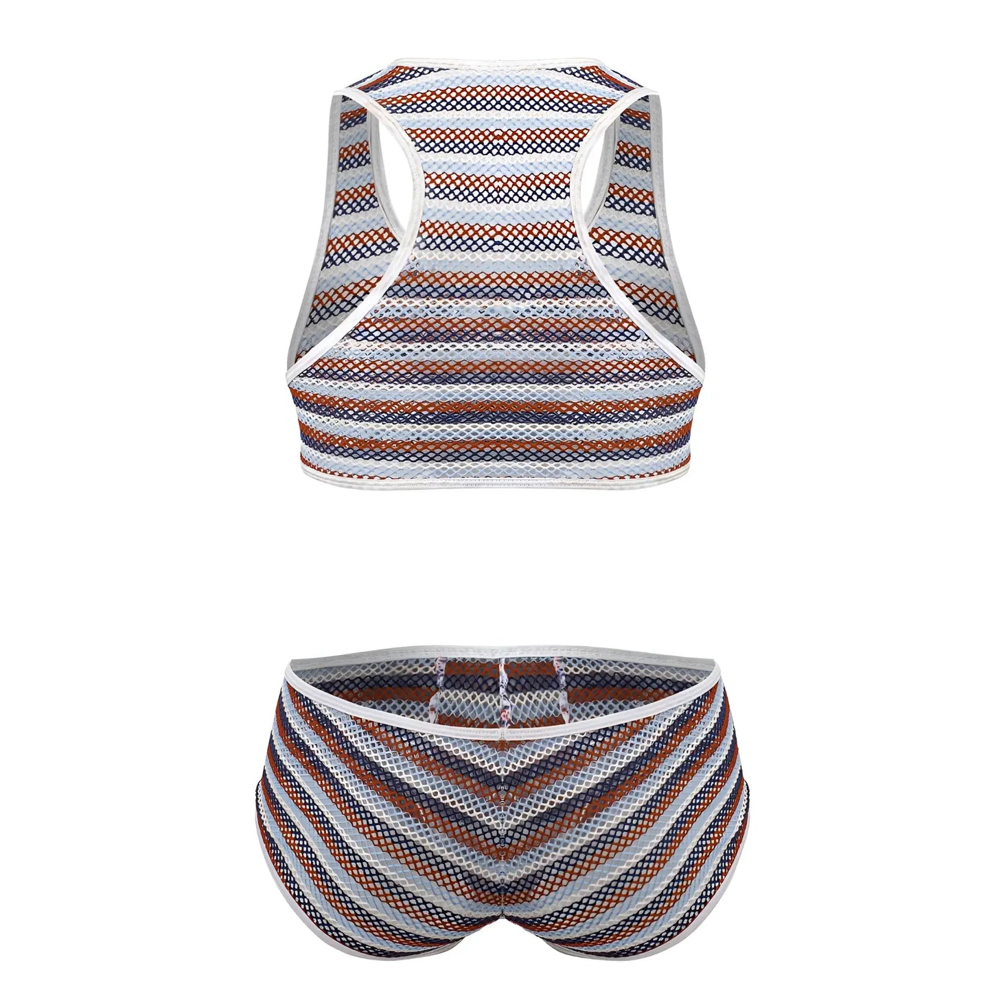 CandyMan 99859 two piece outfit with striped mesh fabric in brown navy blue and white for stylish casual wear
