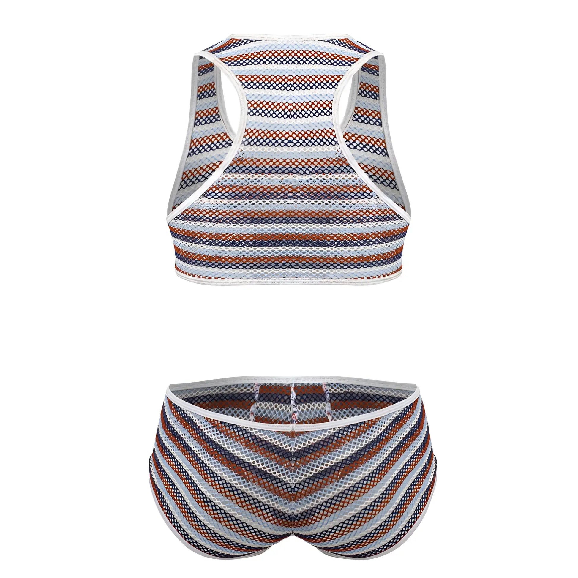 CandyMan 99859 two piece outfit with striped mesh fabric in brown navy blue and white for stylish casual wear