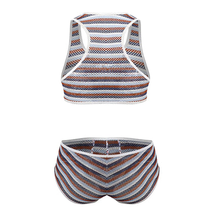 CandyMan 99859 two piece outfit with striped mesh fabric in brown navy blue and white for stylish casual wear