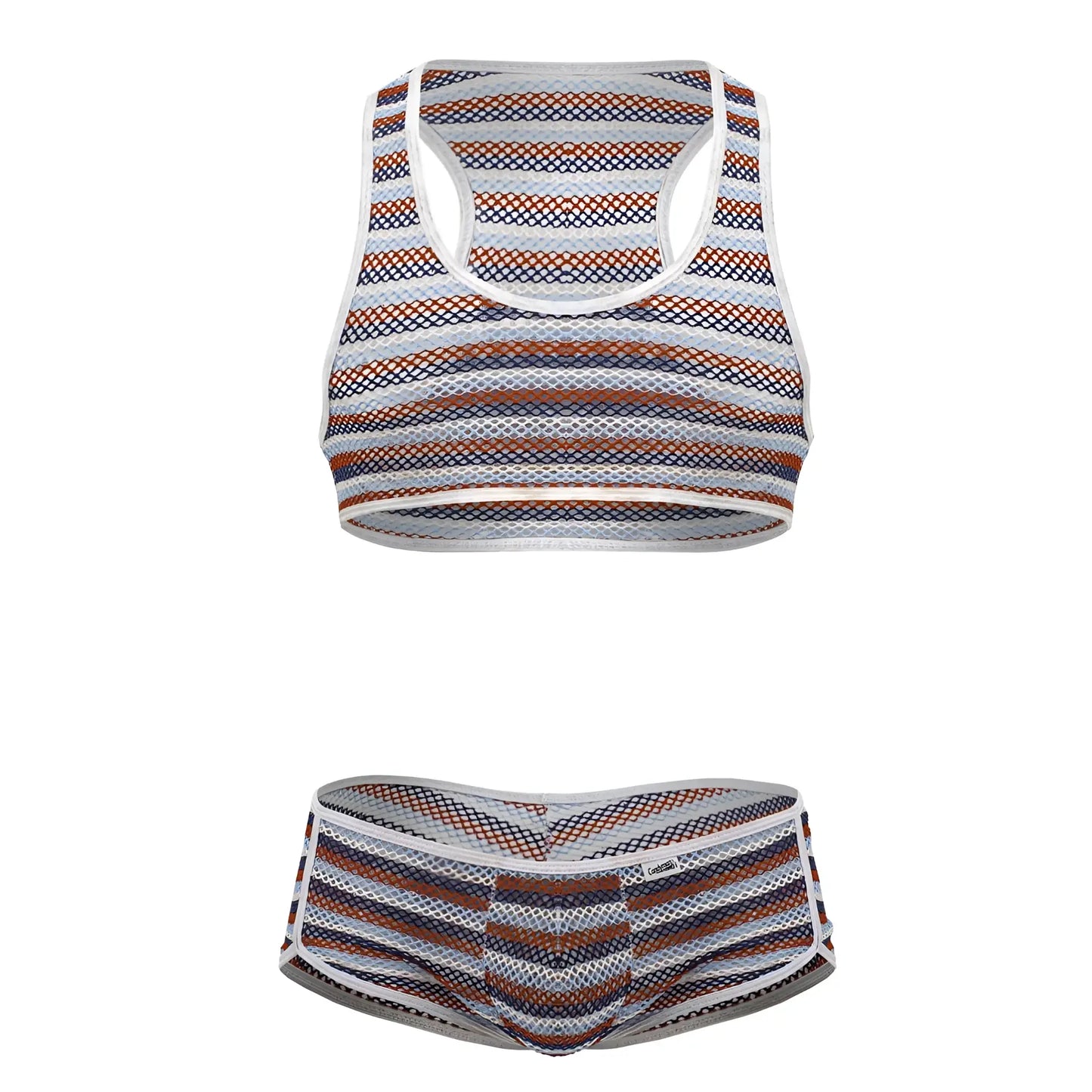 CandyMan 99859 two piece outfit with striped mesh sports bra and briefs in white navy blue and rust orange hues