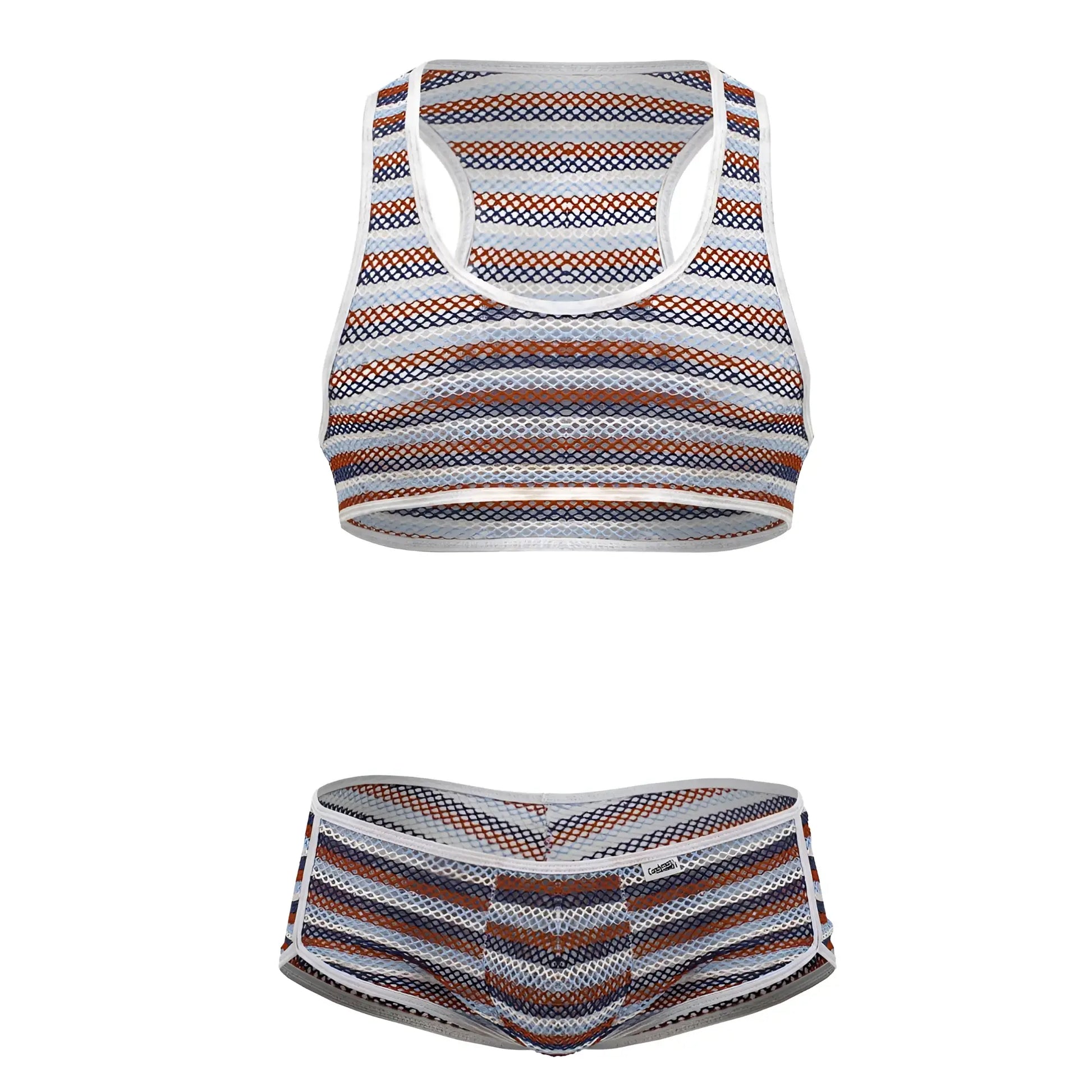 CandyMan 99859 two piece outfit with striped mesh sports bra and briefs in white navy blue and rust orange hues