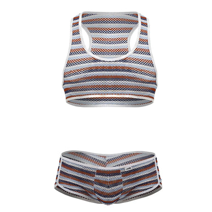 CandyMan 99859 two piece outfit with striped mesh sports bra and briefs in white navy blue and rust orange hues