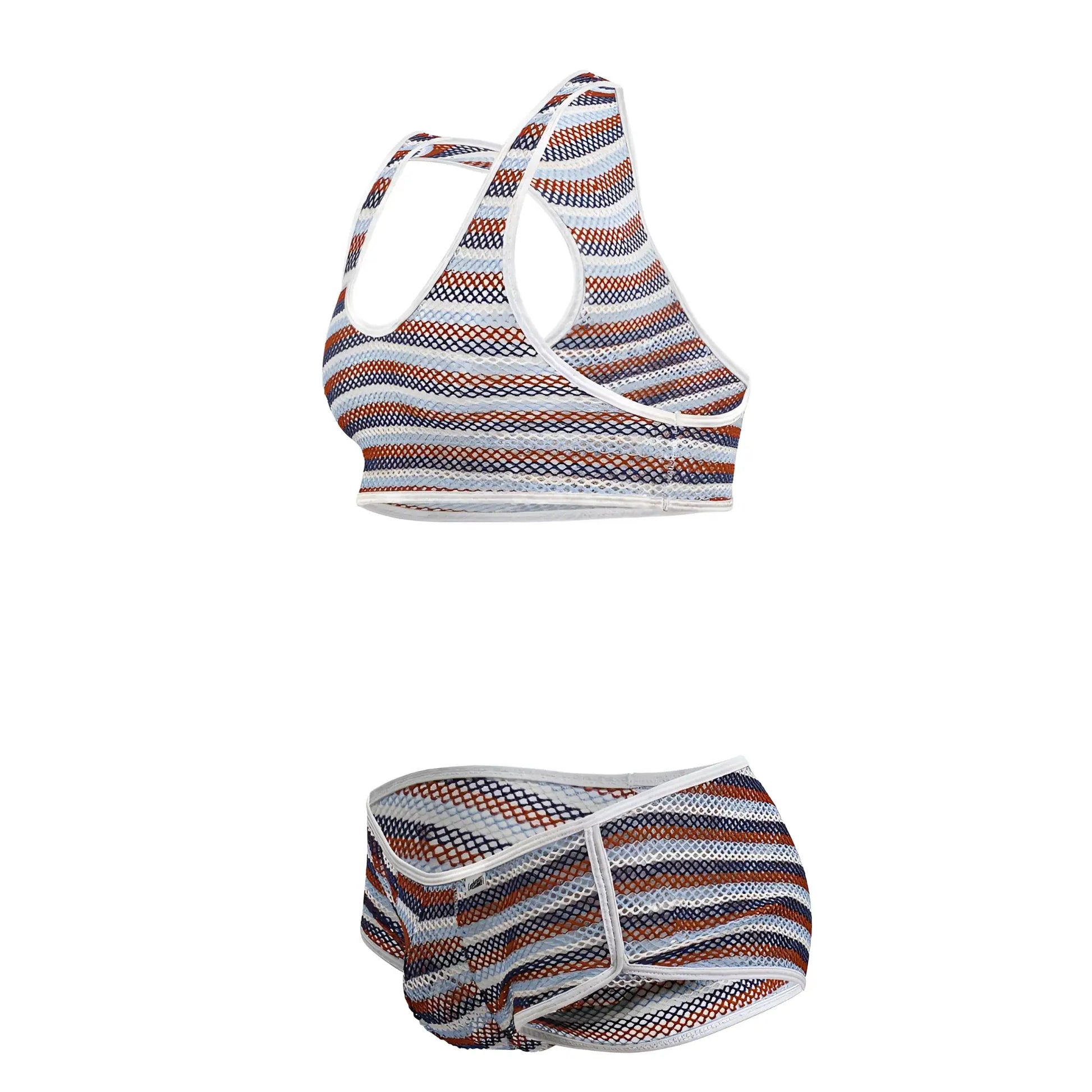 Striped mesh sports bra and matching briefs in white navy blue and rust orange from candyman 99859 two piece outfit
