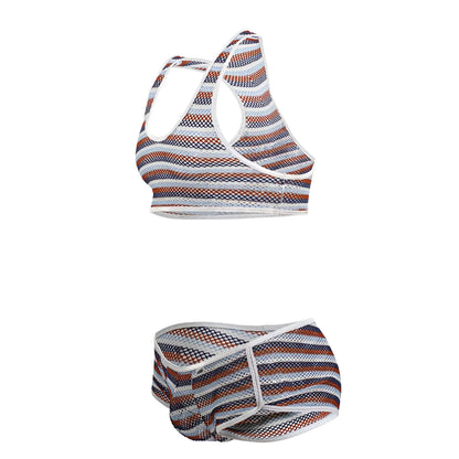 Striped mesh sports bra and matching briefs in white navy blue and rust orange from candyman 99859 two piece outfit