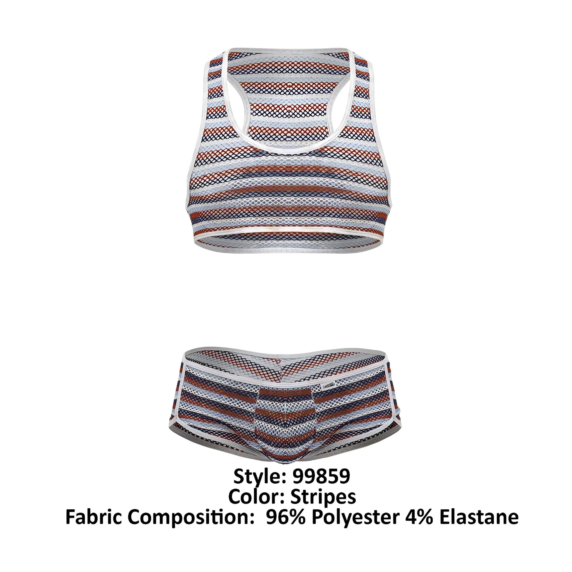 CandyMan 99859 two piece outfit with striped white navy blue and rust-colored mesh tank top and matching briefs
