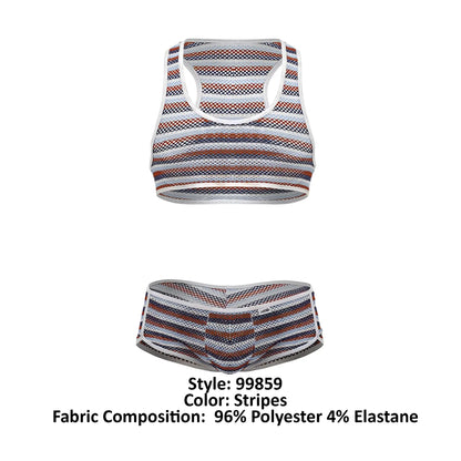 CandyMan 99859 two piece outfit with striped white navy blue and rust-colored mesh tank top and matching briefs