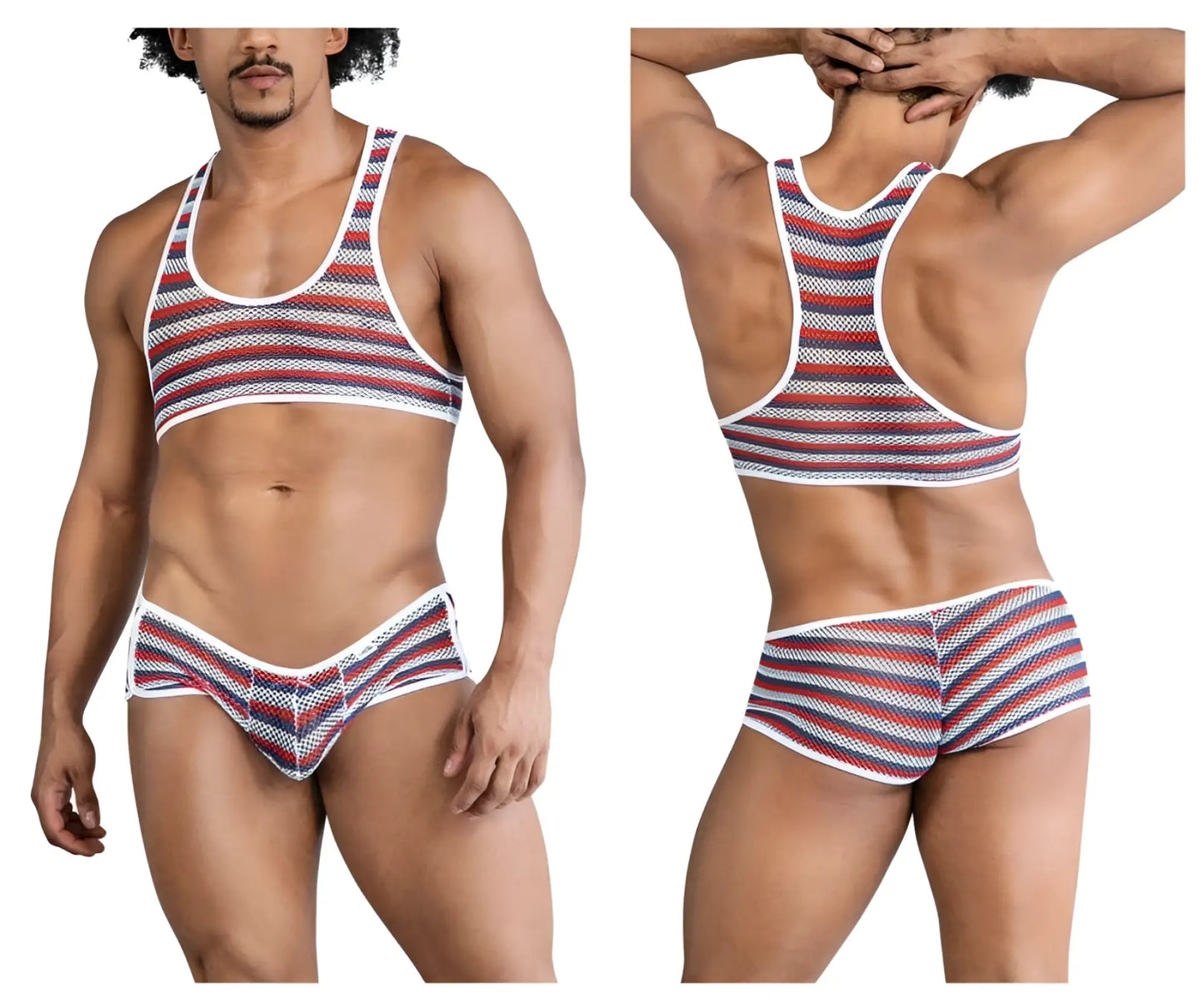 CandyMan 99859 two piece outfit featuring a striped mesh tank top and briefs in red white and navy blue