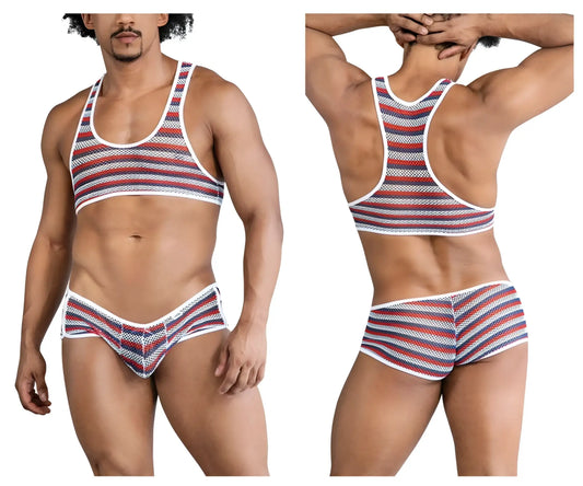 CandyMan 99859 two piece outfit featuring a striped mesh tank top and briefs in red white and navy blue