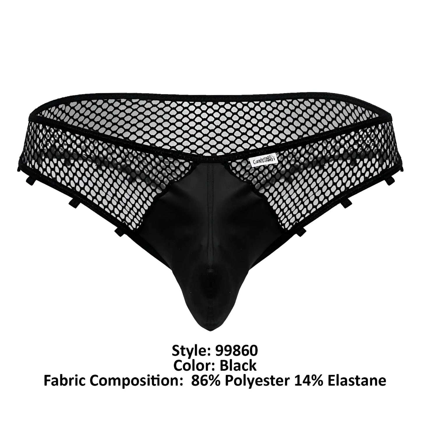 Black CandyMan 99860 fishnet thongs with satin and mesh fabric featuring a central solid panel