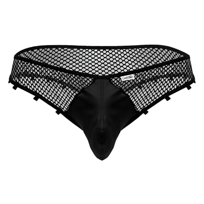 CandyMan 99860 black fishnet thongs with solid front panel and adjustable side tabs in black mesh material