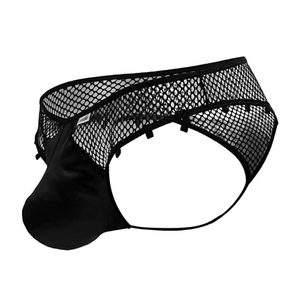 Black mesh candyMan 99860 thongs with solid satin-like pouch and adjustable straps for comfortable wear