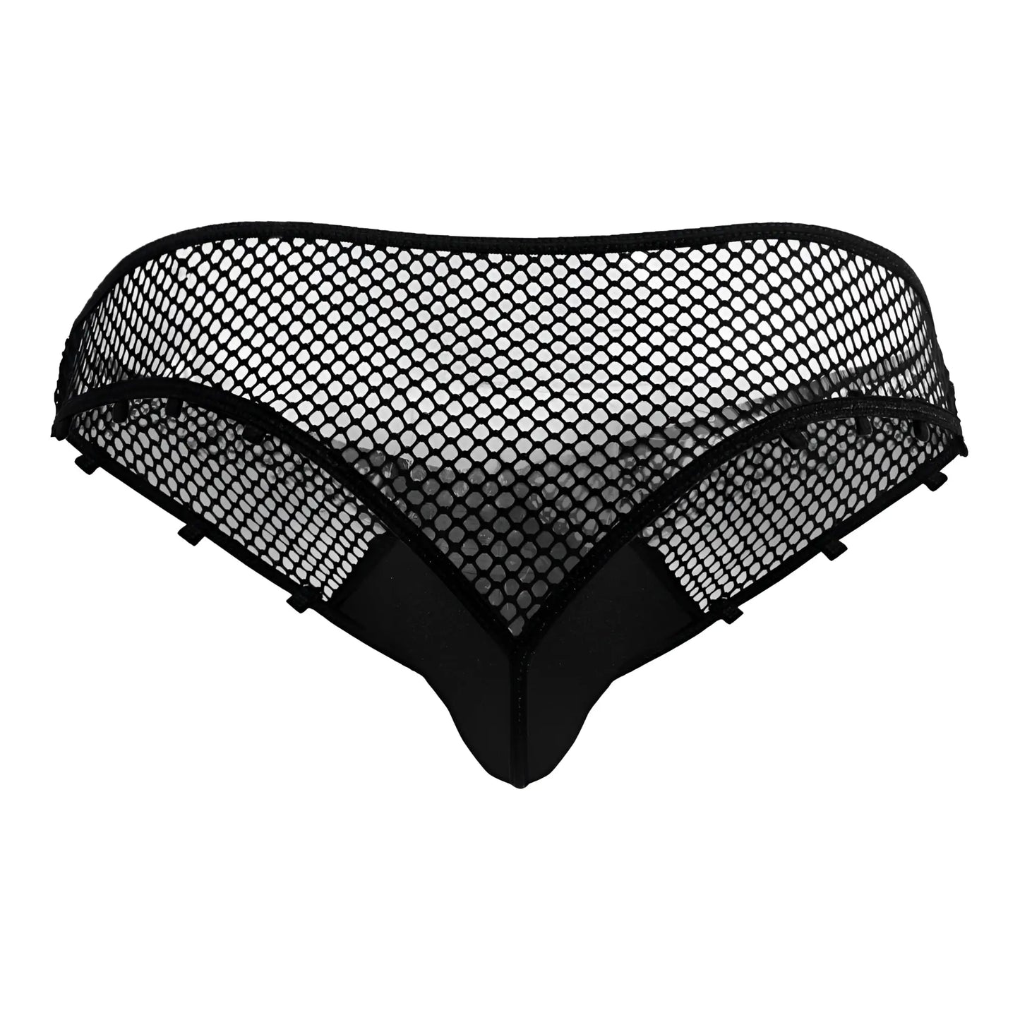 Black mesh fishnet thong with solid fabric back and side panels from candyman 99860 collection