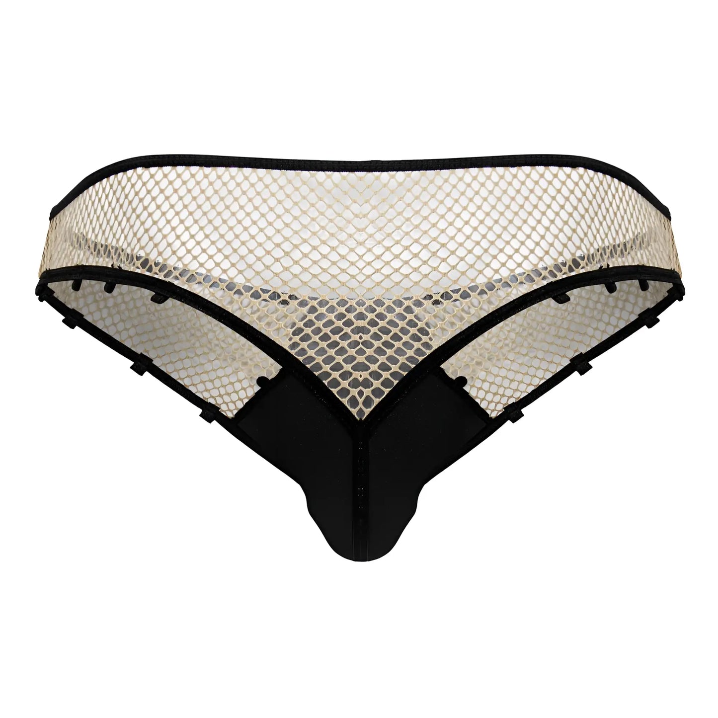 Black and cream mesh CandyMan 99860 fishnet thong with sleek modern design in nude and black colors