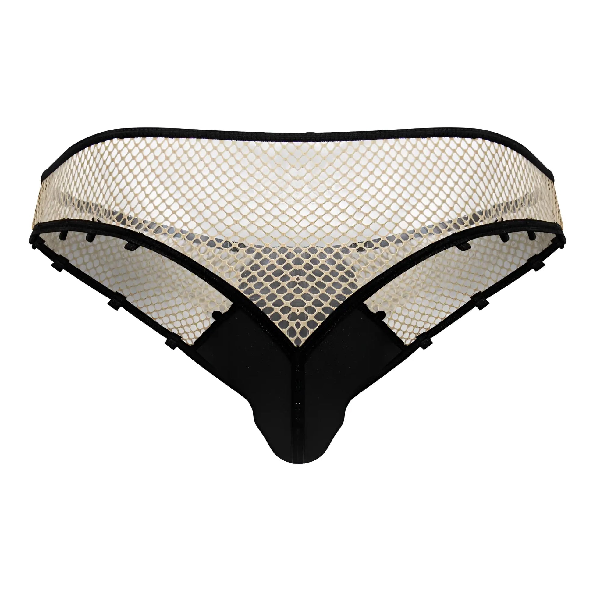 Black and cream mesh CandyMan 99860 fishnet thong with sleek modern design in nude and black colors
