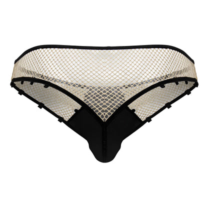 Black and cream mesh CandyMan 99860 fishnet thong with sleek modern design in nude and black colors