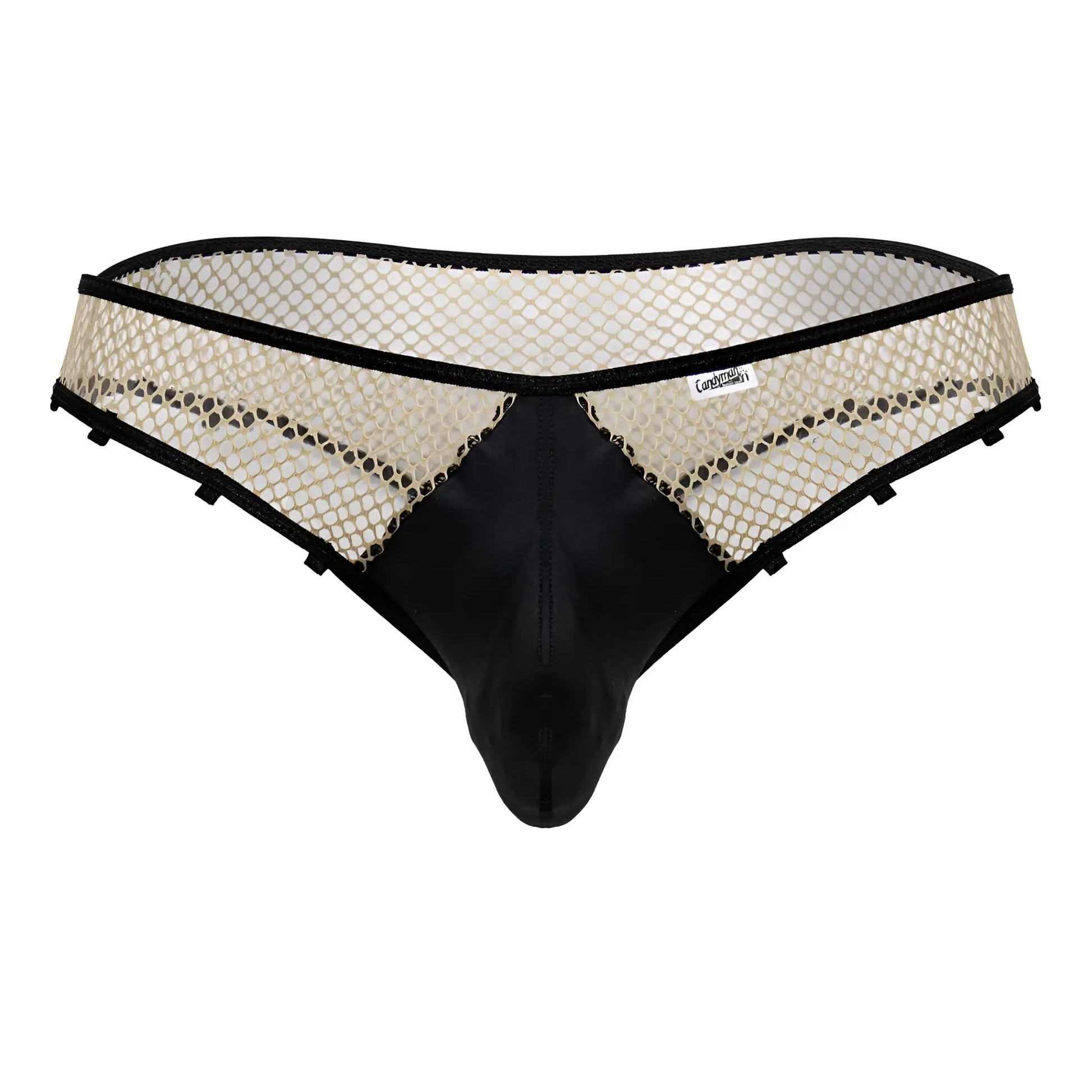 CandyMan 99860 fishnet thongs in nude black with black mesh briefs and contrasting beige netting front panel