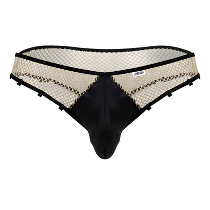 CandyMan 99860 fishnet thongs in nude black with black mesh briefs and contrasting beige netting front panel