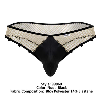 Black and nude mesh thong with solid black front panel from candyman 99860 fishnet thongs collection