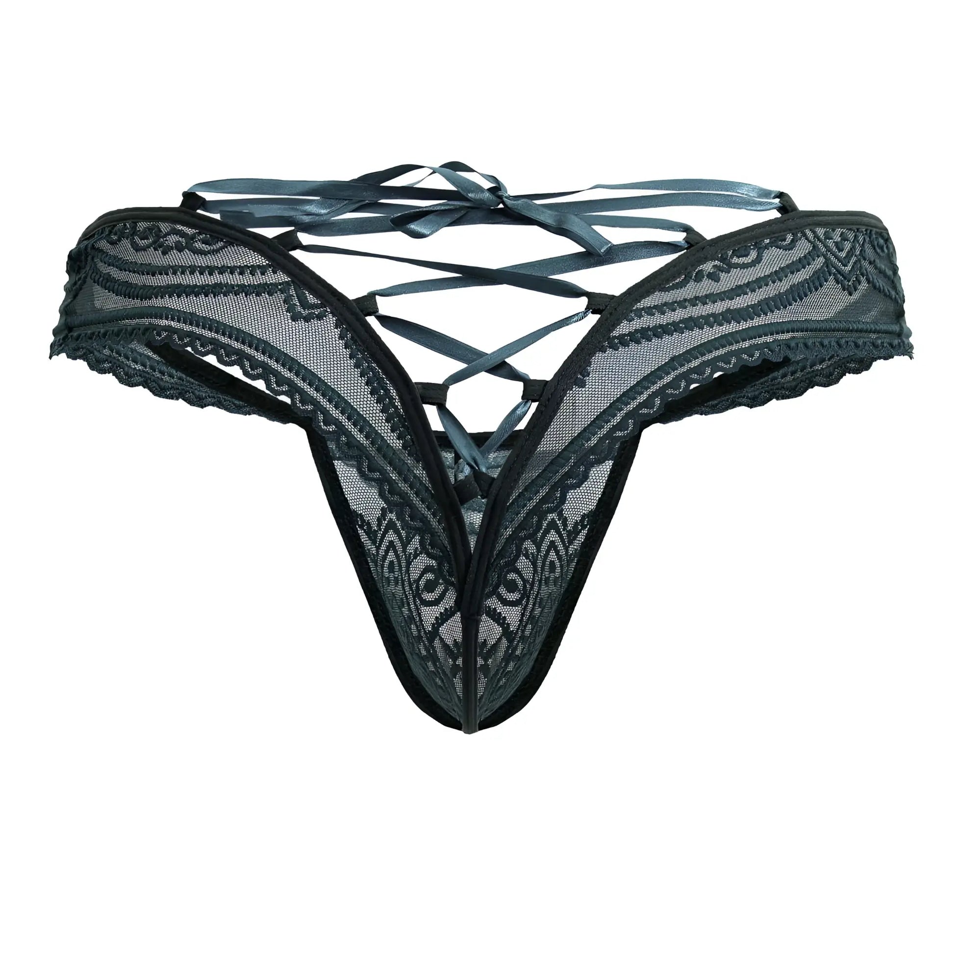 Black lace thong CandyMan 99861 in green with intricate floral patterns and crisscross ribbon tieback shown from the back