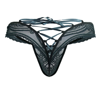 Black lace thong CandyMan 99861 in green with intricate floral patterns and crisscross ribbon tieback shown from the back