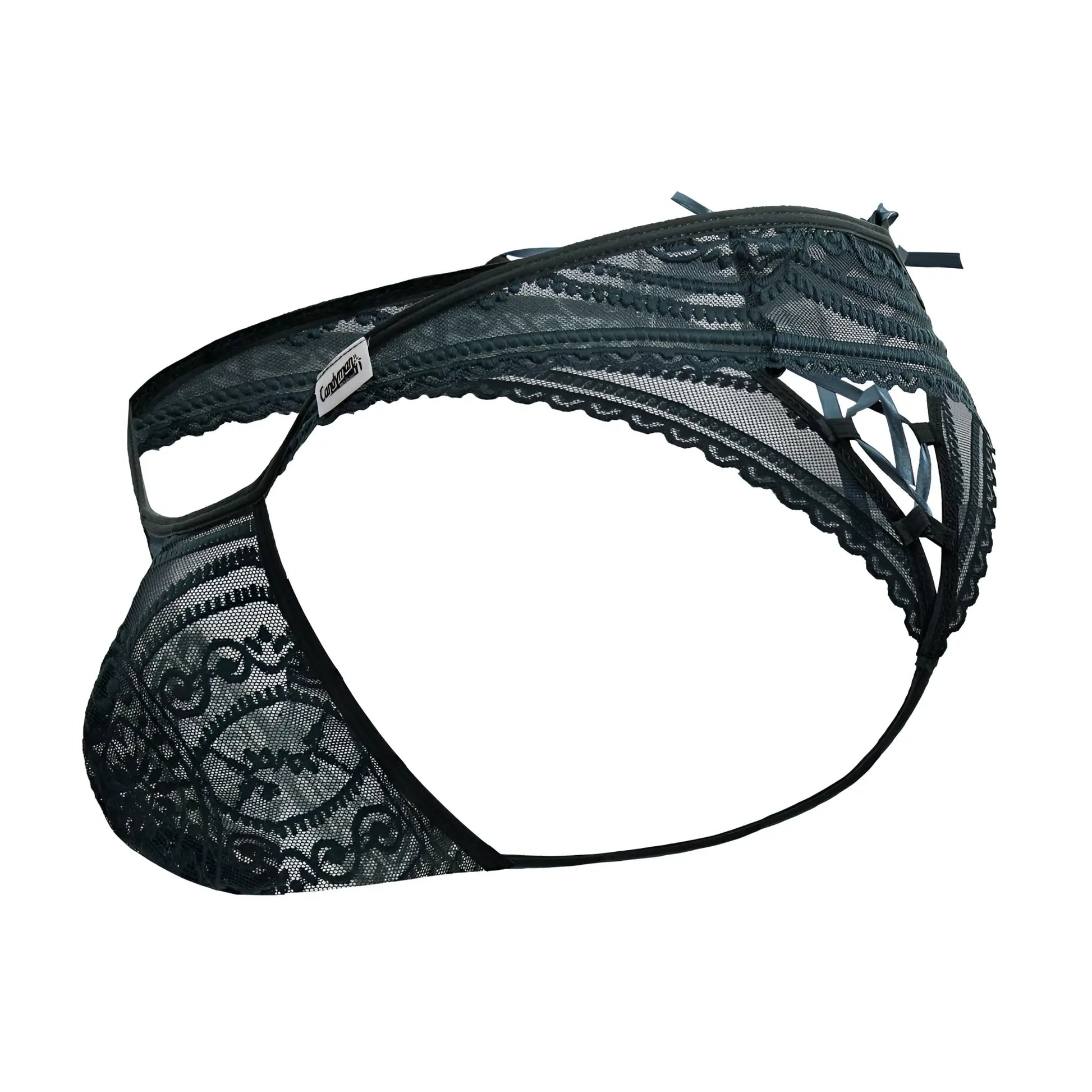 Green candyman 99861 lace thong with intricate floral patterns and sheer mesh design for stylish lingerie wear