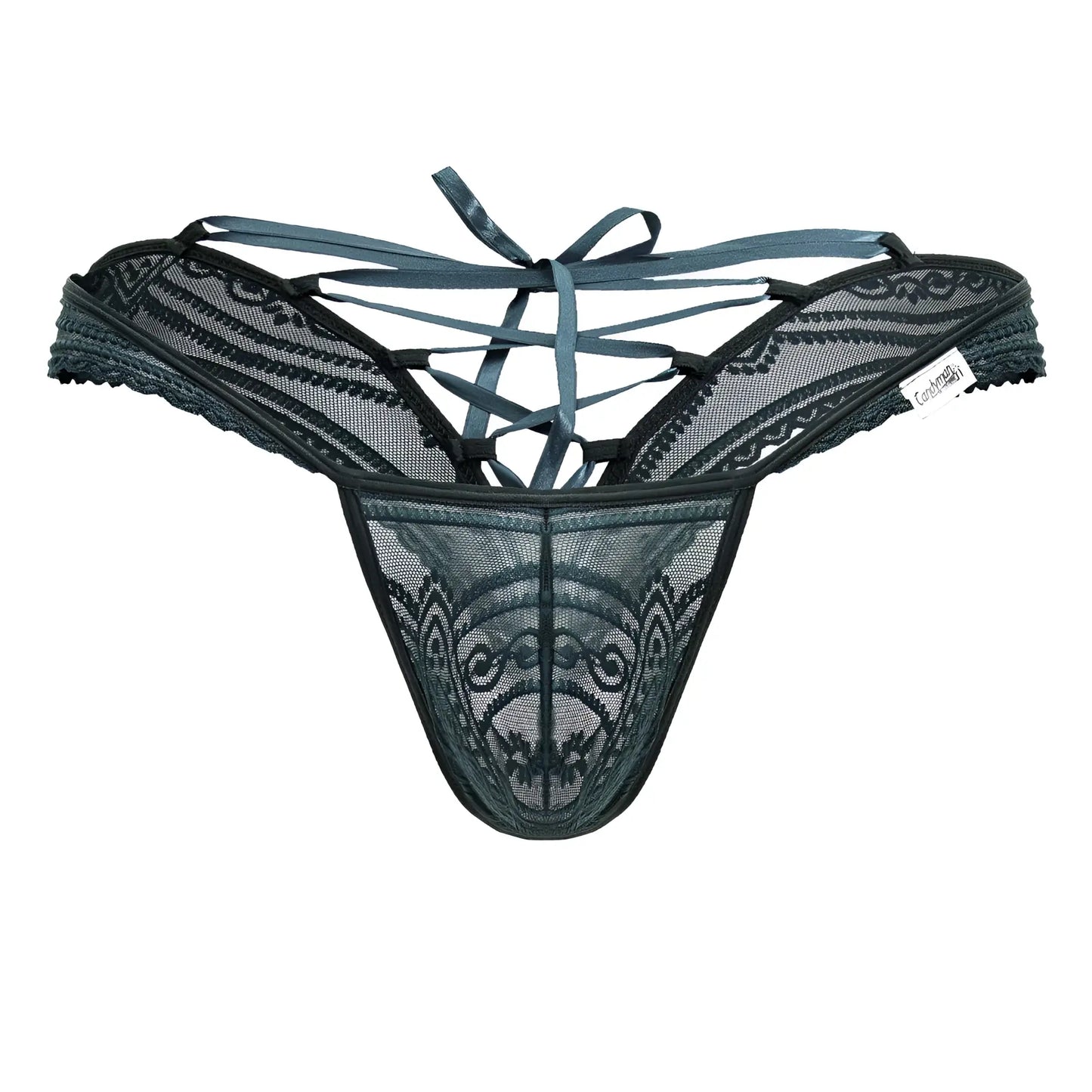 CandyMan 99861 green lace thong with intricate patterns and crisscross tie-back design shown from the back side