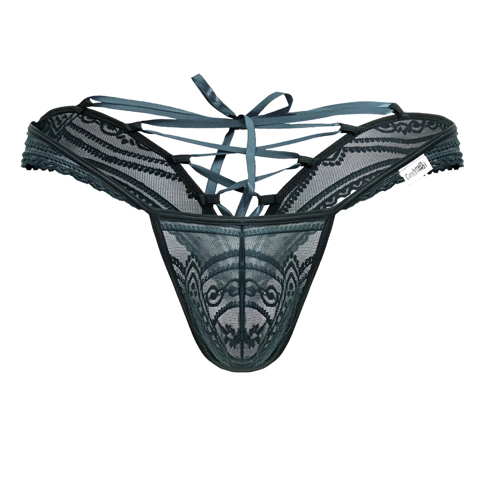 CandyMan 99861 green lace thong with intricate patterns and crisscross tie-back design shown from the back side